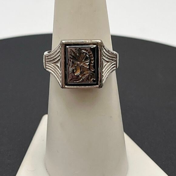 Sarah Coventry Vintage Silver Carved Hematite Roman Soldier Centurion Adj Ring 7 - Picture 1 of 8